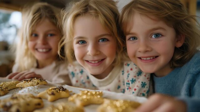 Children giggling while decorating holiday cookies with frosting and glittery toppings, emotion of joy and shared happiness visible, representing festive childhood memories, baking excitement, and