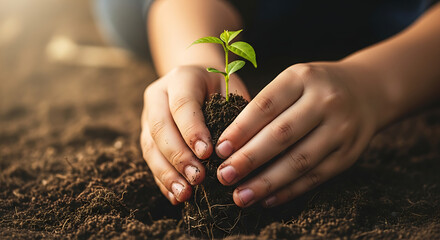 Tender hands gently cradle a young seedling with visible roots, symbolizing growth, new beginnings, and the promise of a flourishing future.