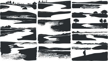 A collection of artistic river landscapes in silhouette style showcasing nature and tranquility.