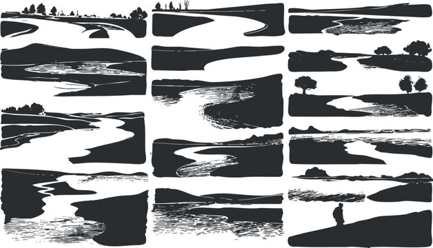 A collection of artistic river landscapes in silhouette style showcasing nature and tranquility.