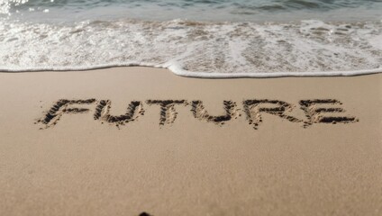 Fototapeta premium Future Written in Sand at the Beach with Approaching Wave.