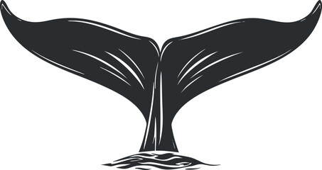 Stylized illustration of a whale tail emerging from the ocean water in black and white.