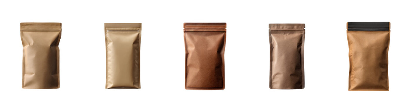 Quality coffee packaging showcasing five different bag designs in various shades of brown and gold