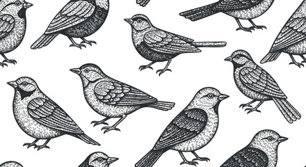 A detailed black and white illustration of various birds in a repetitive pattern.