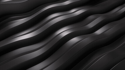 Abstract black layered waves with rhythmic curves, specular highlights and deep shadows for sleek tech and luxury visuals. 3d rendering