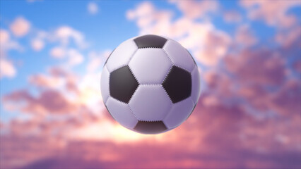 Naklejka premium Soccer ball floating against a dreamy sunset sky of pink, orange and blue clouds, evoking sport, motion and victory. 3d rendering
