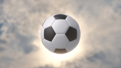 Fototapeta premium Soccer ball gracefully suspended against a backdrop of soft, blurred clouds and a luminous sky, symbolizing flight, aspiration, and the global passion for sports. 3d rendering