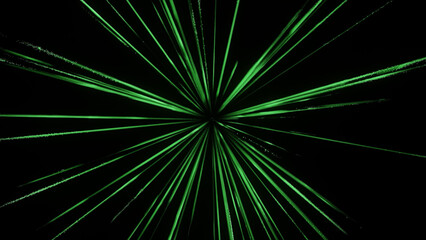Green light rays radiating from a central point, creating an abstract background with an energetic and dynamic feel, symbolizing data, speed, or a cosmic burst. 3d rendering