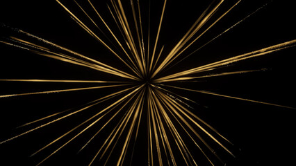 Fototapeta premium Golden light streaks radiate outwards from a central point against a dark background, creating an energetic abstract motion effect with glowing particles. 3d rendering