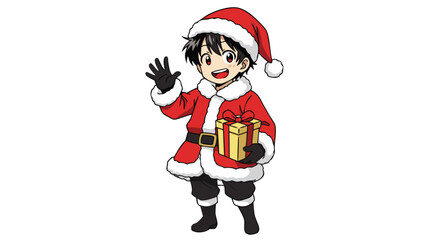 Cute Christmas boy in Santa costume holding gift box, waving hand, festive holiday character illustration
