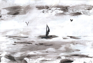 Seascape, ocean, sailboat. Art, painting. Encaustic, art decoration, sketch. Illustration hand drawn modern, hot wax new