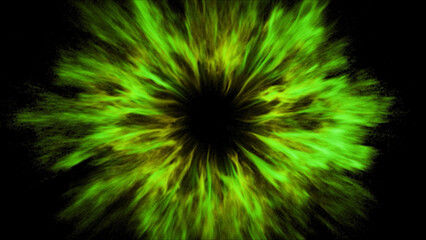 Fototapeta premium Green and yellow particles radiating from a dark central void, forming an abstract tunnel or energy portal effect. 3d rendering