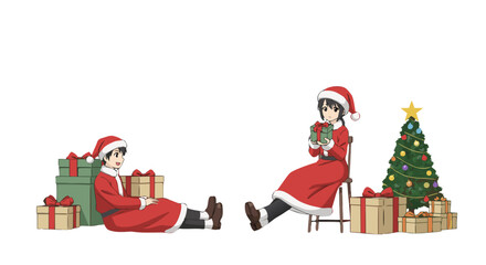 Obraz premium A cheerful Christmas scene featuring two individuals in Santa costumes surrounded by gift boxes and a decorated fir tree, embodying the spirit of the holiday season and joyous anticipation