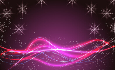 Futuristic neon background with glowing pink and purple waves, sparkles, and snowflakes, perfect for Christmas, New Year, or festive party designs.