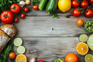 Fresh organic food ingredients on rustic wooden table