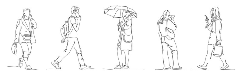 People man and women talking on phone. Continuous line drawing elements. Black and white vector illustration in line art style.