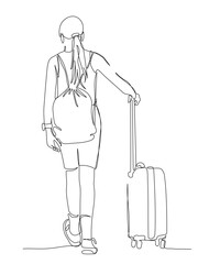 Girl teenager with soft backpack and suitcase walking away. Travel. Back view. Continuous line drawing. Black and white vector illustration in line art style.