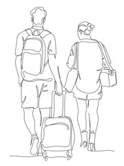 Couple tourists with suitcase and backpack walking away. Travel. Continuous line drawing. Editable stroke. Black and white vector illustration in line art style.