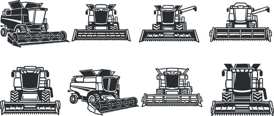 Obraz premium A collection of various harvester machines illustrated in a stylized, monochromatic design for agricultural use.