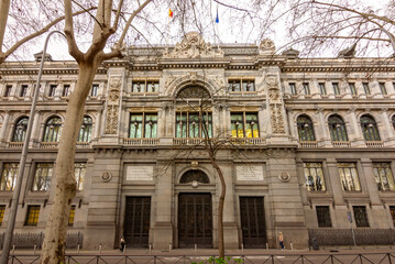 Bank of Spain (Banco de Espana) building on Paseo del Prado, Madrid, Spain
