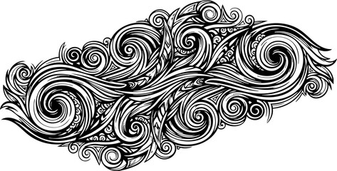 Intricate black and white abstract flourish design with swirling organic patterns and detailed linework, perfect for elegant branding and decorative elements.