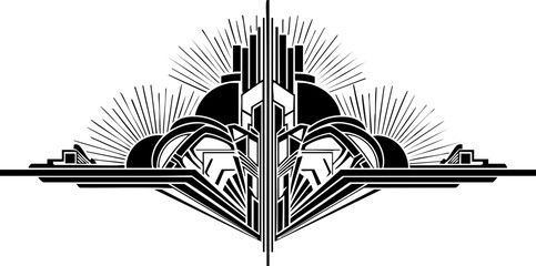 Elegant art deco inspired symmetrical geometric ornament radiating outward with dynamic lines and bold shapes, perfect for vintage design.