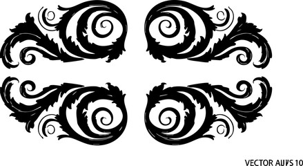 Elegant black ornate scrollwork flourishes in symmetrical arrangement, perfect for classic design projects and decorative accents.