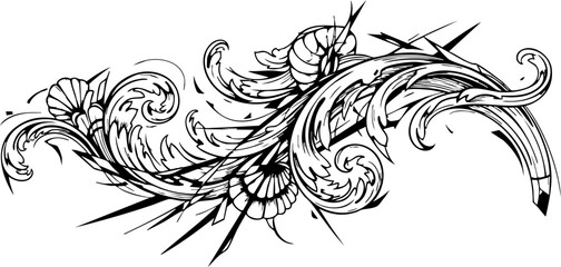 Elegant ornate flourish decorative element design, vintage scrollwork accent, classic swirl pattern for invitations and branding.