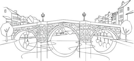 Obraz premium A detailed line art illustration of a city bridge with trees and buildings.