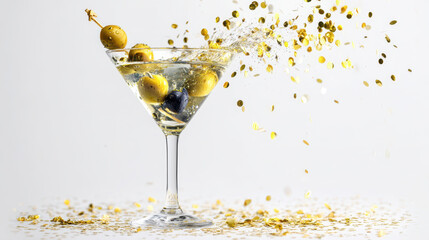 Elegant martini glass with olives and golden confetti splash transparent background