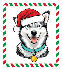 Happy husky in a Santa Claus hat.