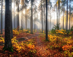 Obraz premium Stunning autumn forest landscape with sunlight streaming through the trees