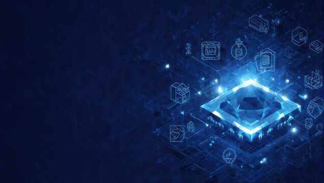 Futuristic Technology Concept - Glowing Microchip with Data Icons.