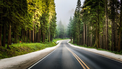 Fototapeta premium Straight forest road surrounded by tall green trees, scenic nature path with sunlight and peaceful travel atmosphere.