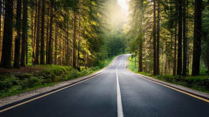 Obraz premium Straight forest road surrounded by tall green trees, scenic nature path with sunlight and peaceful travel atmosphere.