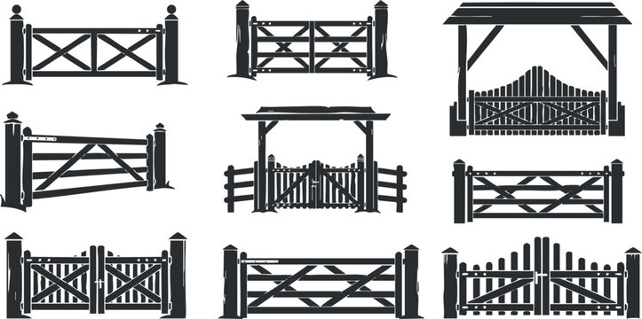 Collection of various wooden fence and gate designs in silhouette style for rural aesthetics