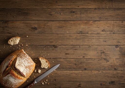 Rustic artisan bread on wooden bakery table, top view background
