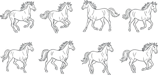 A series of line art sketches depicting horses in various dynamic poses and movements.