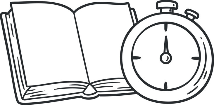 Illustration of an open book next to a stopwatch representing study and time management concepts.