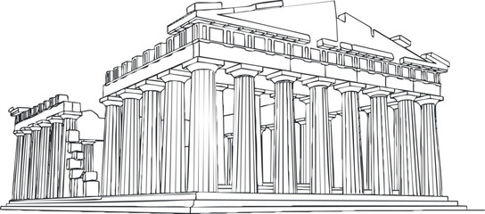 Line drawing of the Parthenon, an iconic ancient Greek temple featuring classic columns.