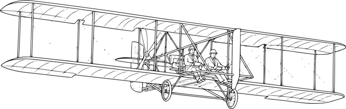 Wright flyer drawing. It is a black and white outline sketch of the historic Wright Brothers' airplane or early aircraft. Vector sketch line art draw.