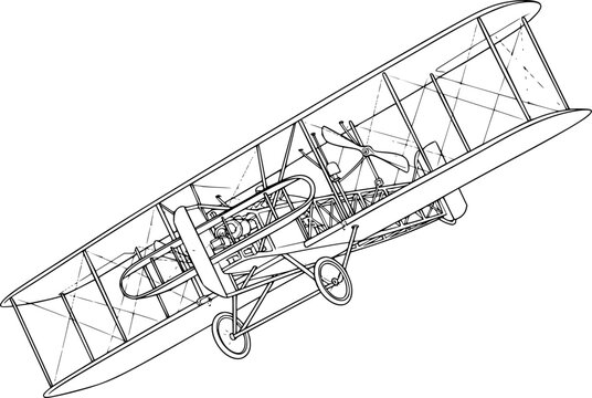 Wright flyer drawing. It is a black and white outline sketch of the historic Wright Brothers' airplane or early aircraft. Vector sketch line art draw.