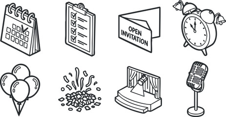 A collection of icons related to event planning including calendar, checklist, and invitation.