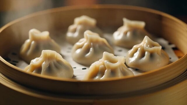 Steaming Bamboo Steamer Basket Filled with Six Delicate Dumplings on White Paper Liner food asian food