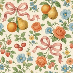 Vintage Fabric Pattern with Fruits, Flowers, and Ribbons Design