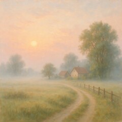 Serene Morning Landscape with Soft Sunlight and Idyllic Country Road