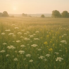 Serene Sunrise Over Meadow Filled with Wildflowers and Soft Light