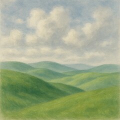 Tranquil Rolling Hills Under Blue Sky with Soft Fluffy Clouds