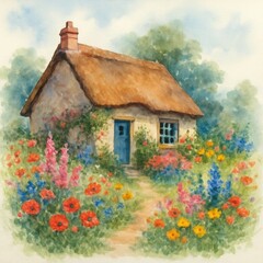 Cozy Thatched Cottage Surrounded by Colorful Flower Garden