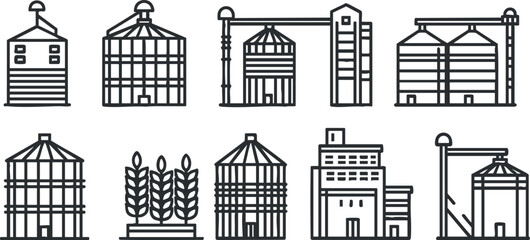 Fototapeta premium Illustration of various agricultural silos and storage buildings in a linear design.